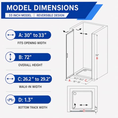 Image of 30-33 inch W x 72 inch H Pivot Shower Door, 3 /16 inch(5mm) Glass, Matte Black