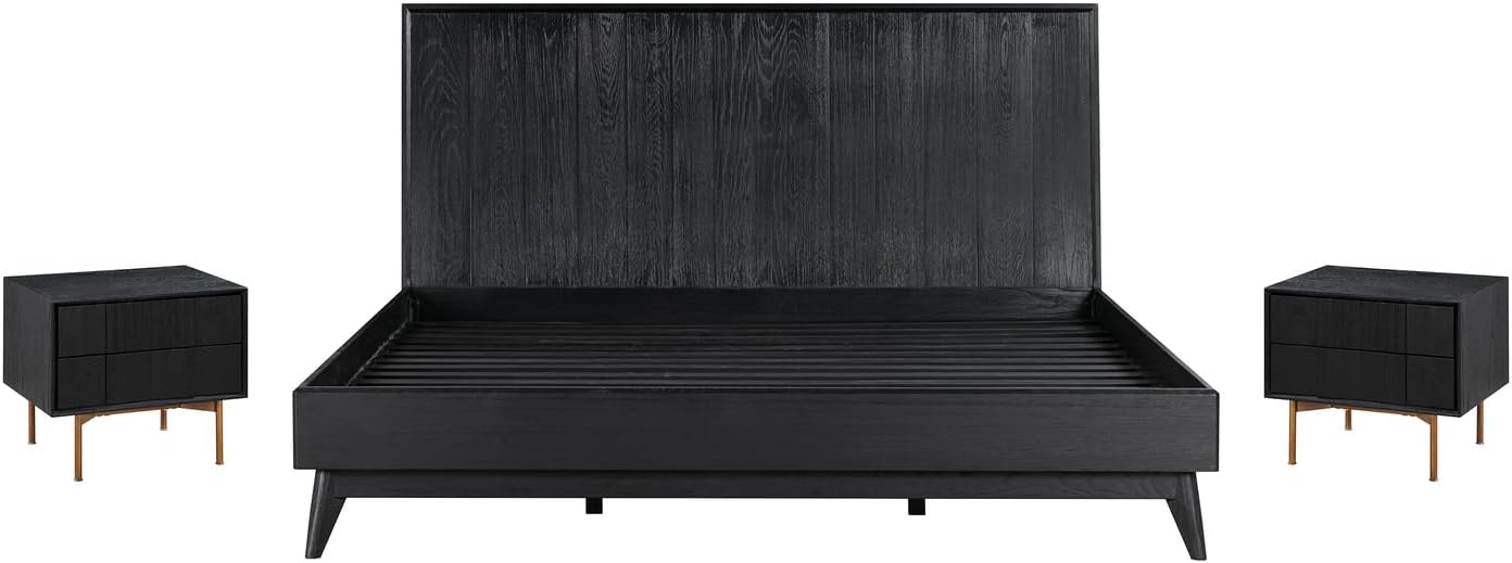 HomeStock King Bedroom Set Black Wood 3 Piece Platform Bed Nightstands Modern Furniture