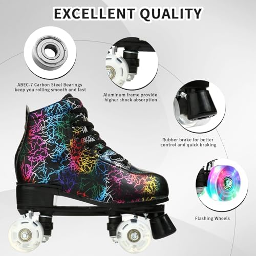 Women's Roller Skates Light Up Wheels, Leather Adjustable Double Row Rolling Skating Illuminating Derby Skate Illuminating for Teens and Youth (Lightning Black Flash Wheel,39) - 2