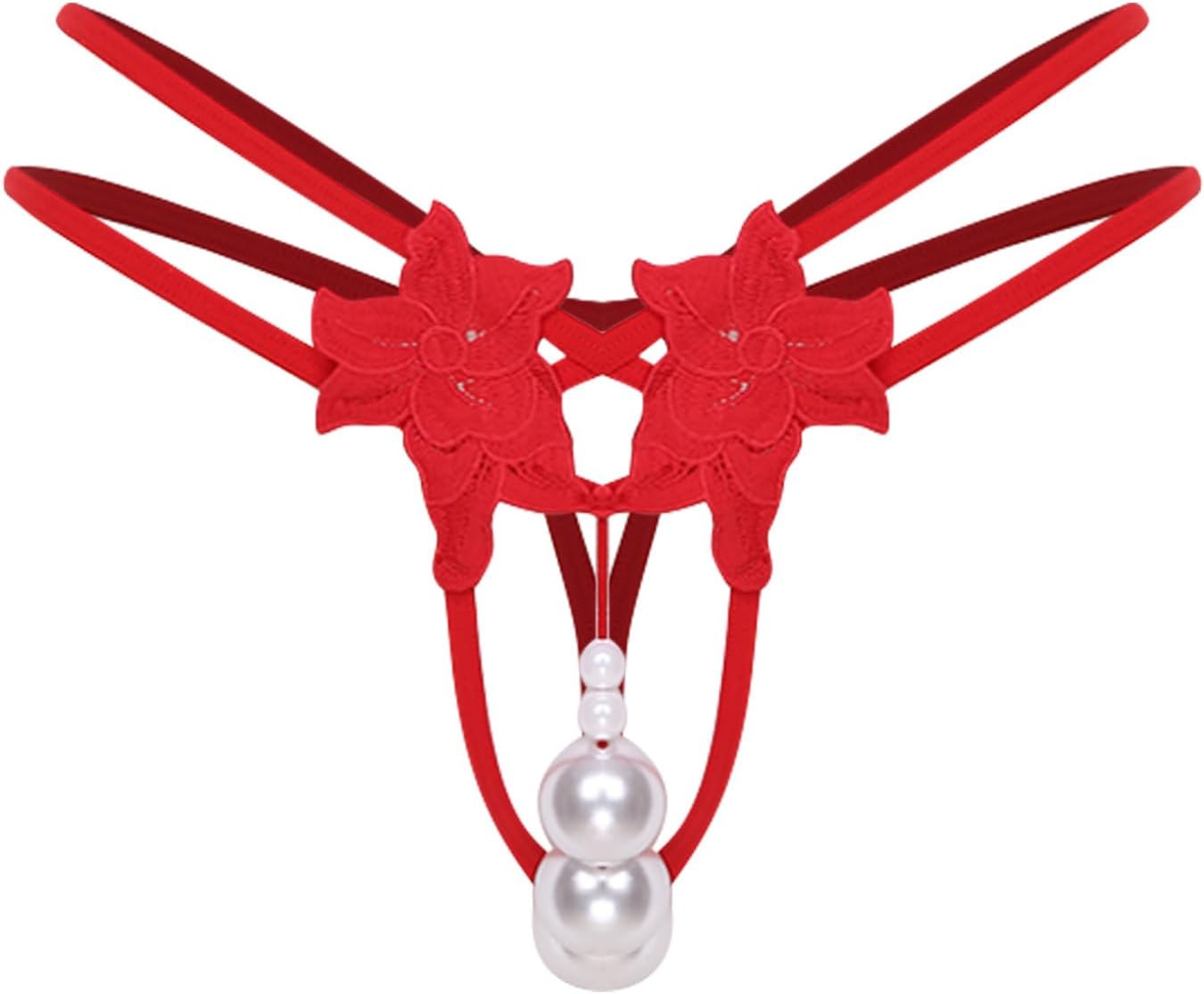 YiZYiF Women Soft Nylon Stretchy Pearls Intimate Massage Chains G-String T-Back Thongs Panties