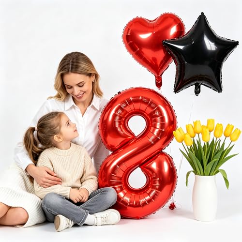 Image of TONIFUL 8th Birthday Balloons Kit 40 Inch Red Large Number 8 Foil Balloon