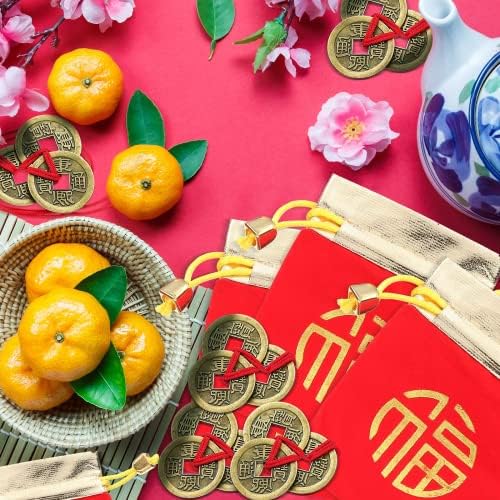 10 Pcs Chinese Fortune Coins Feng Shui Coins Good Luck Coins Traditional Gold Fortune Coins with Red Rope and 5 Pacs Red Lucky Pouch for Wealth, Health and Success, Chinese Theme New Year Decoration