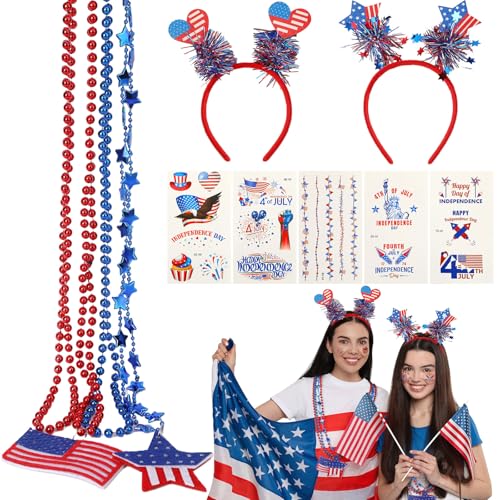 NOVWANG 4th of July Party Favor Set, Patriotic Decorations USA Flags, Headband, Red White Blue Bead Necklace, Tattoo Stickers for Independence Day Memorial Day Parades and Patriotic Party Supplies