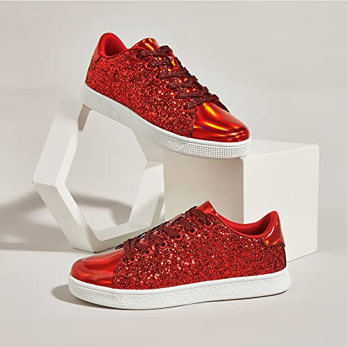 Lucky Step Glitter Sneakers Lace Up | Fashion Sneakers | Sparkly Shoes For Women (8 B(M) Us,Red) #TOP1