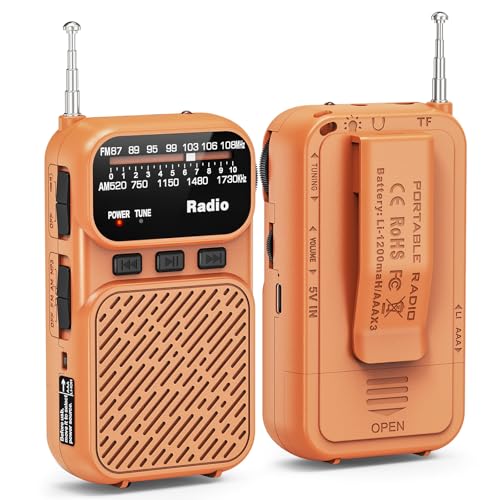Tendak Mini Radio Portatil Pequeña Recargable, Bolsillo Radio FM Am con Batería de 1200 mAh, Radio Transistor por Pilas AAA con Lámpara/Bluetooth/TF, Carga USB-C (Naranja)