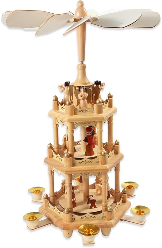 18 Inch Christmas Decoration Wooden Christmas Pyramid with Candle Holders - 3 Tiers - Hand Painted Nativity Figurines (Wooden Nature Color)
