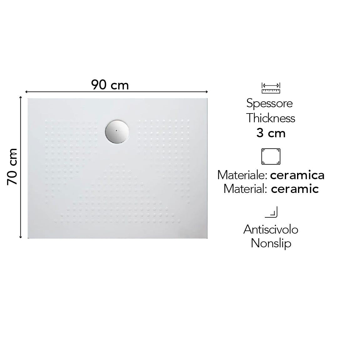 Kiamami Valentina Piatto Doccia 70x90 Rettangolare Ceramica Bianca H3 cm | Superficie antiscivolo, installazione filo pavimento, 3 lati smaltati, scarico 90 mm, piletta esclusa