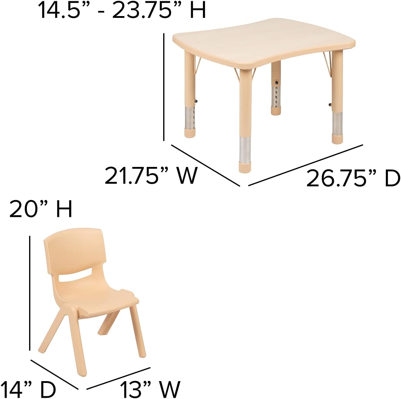 Flash Furniture Emmy 21.875"W x 26.625"L Rectangular Natural Plastic Height Adjustable Activity Table Set with 4 Chairs