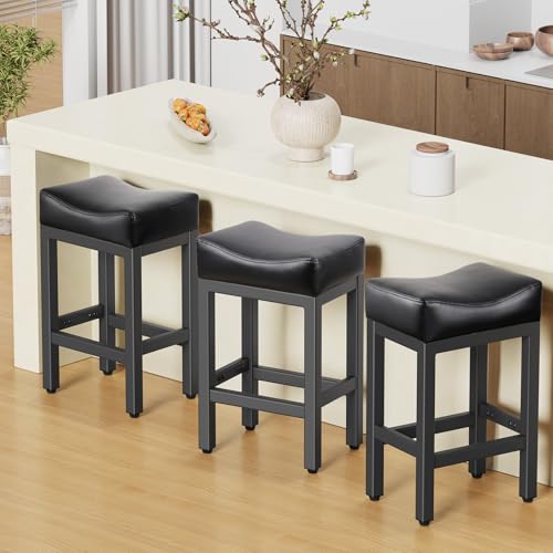 Image of Raynesys Counter Height Bar Stools Set of 3, 24 Inch Barstools for Kitchen Island Counter, Bonded Leather Kitchen Stools with Saddle Seats & Metal Base, Easy Assembly, Black
