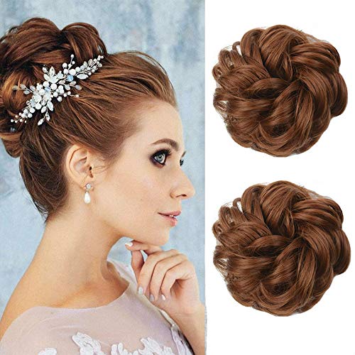 Moshina 2pcs Hair Bun Chignons-Wavy Curly Ponytail Hair Extension-Messy Donut Chignons Hair Updo-Wedding Bridal Hairpiece (#30 Light brown)