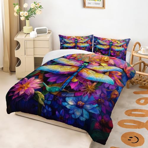 Image of AILONEN Dragonfly Comforter Set Full Size for Girls Women,Bohemian Flower Bedding Set 3Pcs for Bedroom Decor,Stained Glass Artistic Quilt with 2 Pillowcases