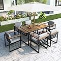 7 Pieces Outdoor Dining Set, Outdoor Acacia Wood Dining Table and Chair Set with Removable Cushions, 6 Chairs & 1 Table with Umbrella Hole, Patio Furniture Set for Backyard, Deck, Garden, Grey