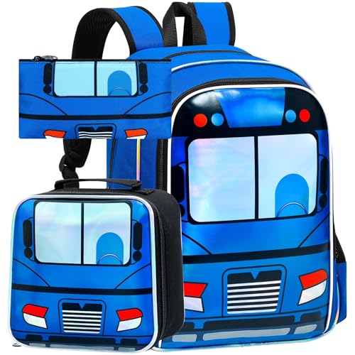 Image of WZLVO 3PCS Kids Bus Backpack Set, 16 inch Cool UV Printing Boys Bookbag /School Bag with Lunch Box & Pencil Bag for Preschool to Elementary - Blue Bus