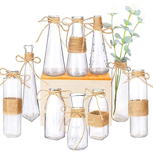 jaffiust 10pcs Small Bud Glass Vases for Flowers Wedding Decorations, Mini Vintage Glass Flower Vase with Rope Design and Differing Unique Shapes for Flower Table Home Decoration