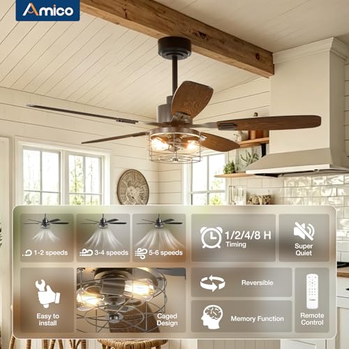 Image of Amico 52 inch Ceiling Fans with Lights, Caged Ceiling Fan with Light and Remote Control, Dimmable, 3CCT, Quiet, Black Farmhouse Ceiling fan For Living Room, Bedroom, Kitchen, Patio Indoor /Outdoor Use