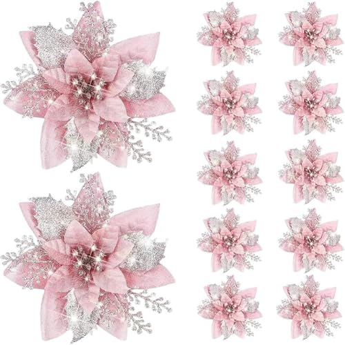 kkrrammii 12 adornos de flores de Pascua de Navidad rosas y plateadas con clips, lazos florales artificiales con purpurina, decoraciones grandes para árbol de Navidad, accesorios para decoración del
