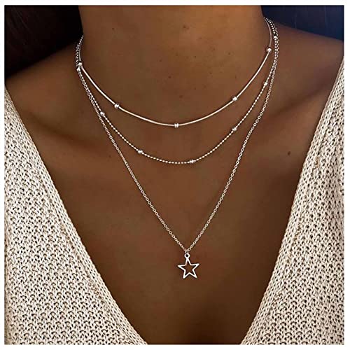 Boho Layered Star Choker Necklace Silver Star Pendant Necklaces Layering Satellite Chain Necklaces Outline Star Necklace Chain Jewelry for Women2