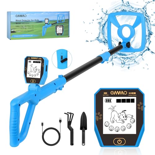 【Type-C】 Detector de Metales Niños, OMMO Detector de Metales Recargable con Divertida Pantalla LCD, 72-100cm Ajustable para Niños, IP67 Detectores de Metales Ligeros, Exploración al Aire Libre (Azul)
