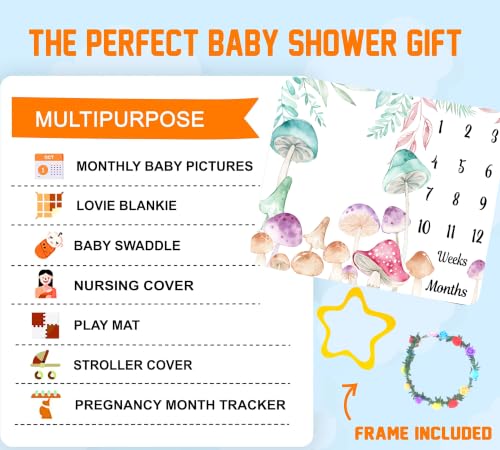 Image of Mushroom Theme Baby Monthly Milestone Blanket, Soft Flannel Watercolor Spring Tropical Eucalyptus Leaves Botanical Photography Prop Newborn Baby Shower Age Growth Tracker (Aqua, 48x48in)