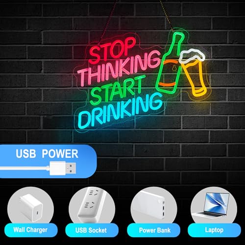Image of Stop Thinking Start Drinking Bar Neon Sign for Bar Sign Wall Decor with Dimmable Switch for Beer Pub LED Neon Signs Light Decor