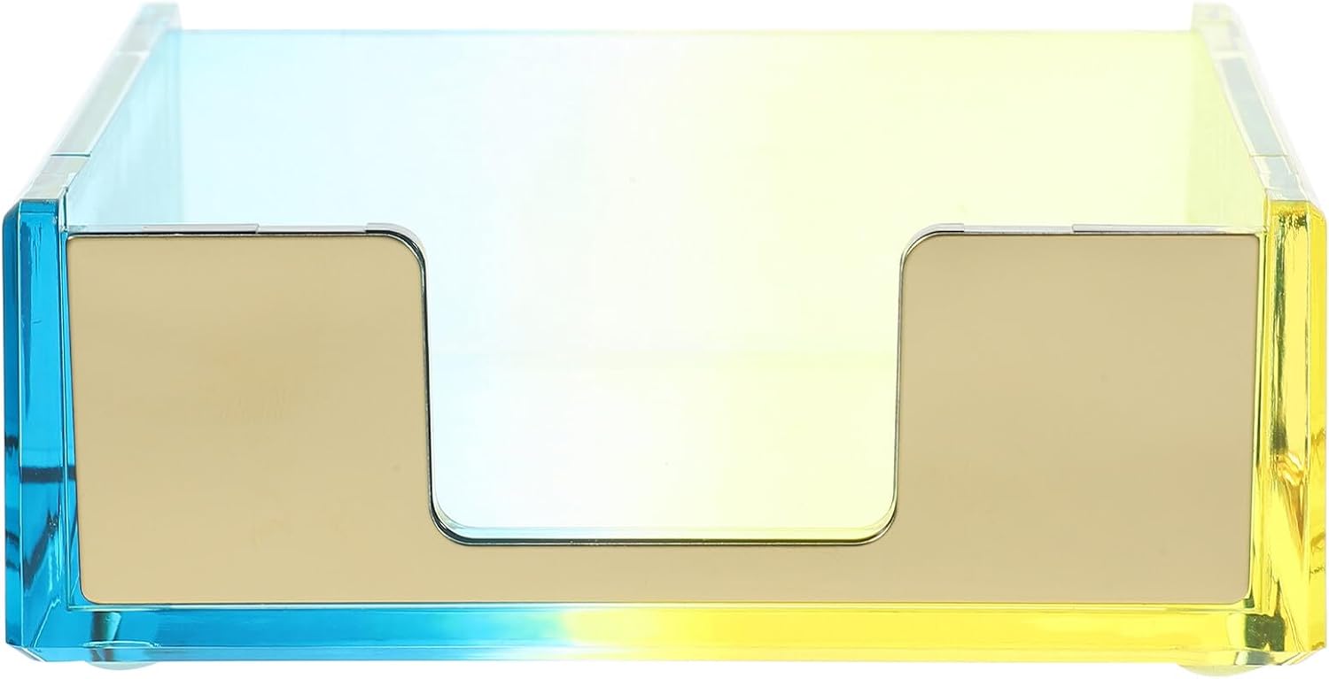 Gradient Acrylic Notepad Container for Office Desk, Memo Pad Holder Blue-yellow Ombre, Desktop Self-stick Note Paper Dispenser Organizer,
