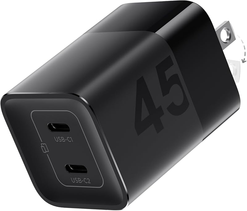 wegear 45W USB C Charger, 2 Port GaN Fast Charging with PPS, Foldable Wall Charger Block for iPhone 17/16/15, iPad, Galaxy S25/S24, Pixel 10/9 (Black)