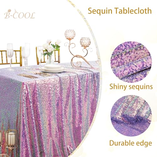 Image of B-COOL Rainbow Sequin Tablecloth Purple Sparkle Rectangle Table Cloth for Wedding Birthday Party Sequin Overlay Table Decoration 50x80 Inches