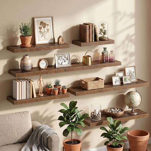 Image of Fun Memories 67Inch Long Floating Shelves, 8 Inch Deep Shelves for Bedroom|Living Room, Wall Mounted Wood Hanging Shelf with Invisible Brackets for Fireplace Mantel Home Storage Decor, Brown - 1 Pack