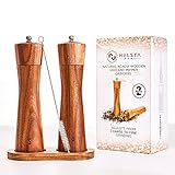 Wooden Salt and Pepper Grinder Set - 8” Acacia Wood Sea Salt and Peppercorn Crusher Kit - Adjustable Coarseness and Refillable Set of 2 Manual Spice Mills with Wooden Tray and Cleaning Brush