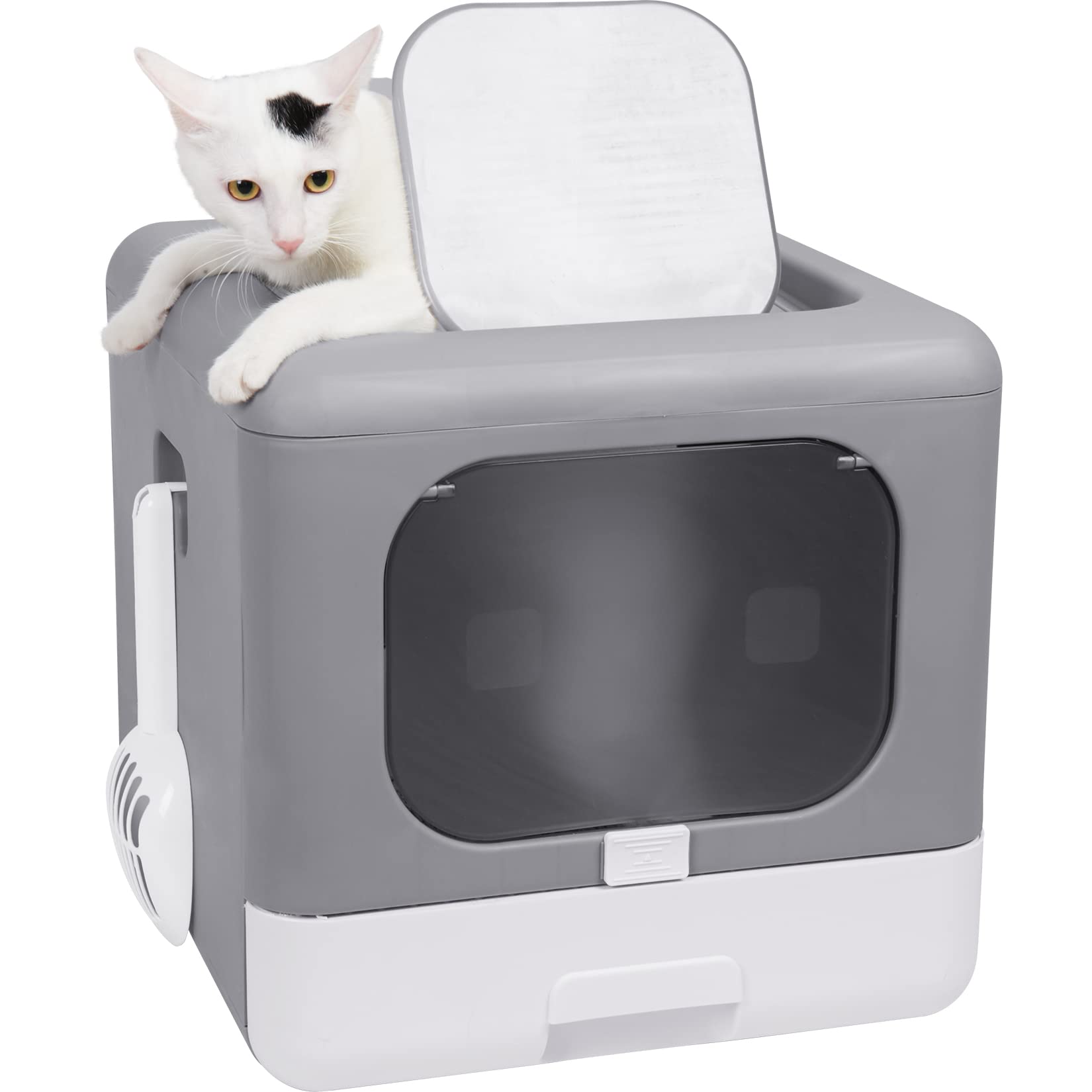 BingoPaw Maison de Toilette Chat Anti Odeur: Bac à Litière Fermée Portable avec Tiroir et Pelle, 43x40,5x37,5cm