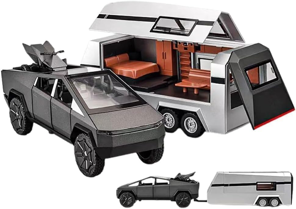 Alokik Enterprise 1:32 Scale Die-Cast Tesla CyberTruck with Pick-Up Trailer with 6 Openable Doors Pull Back Action,Lights & Music Best Vehicle Gift for Kids【Pack of 1】【Random Color】