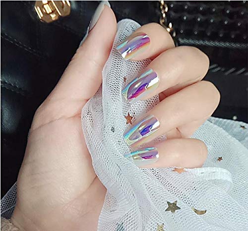 Cathercing 24 Pcs Discolored Rectangle Coffin Nails False Nails Shining Fake Gel Nails Tips Art for Women Teen Girls Gift (purple)