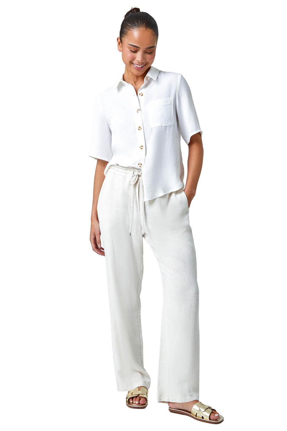 Roman Originals Women's Petite White Roman Petite Button Up Pocket Shirt For Uk - Spring Everyday Summer Break Short Sleeve Soft Collar Neckline Comfy Lightweight Cool Blouse Vacation Tops - Size 8 Petite