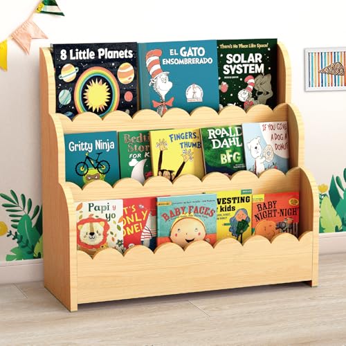 NANATI 3-Tier Scalloped Kids Bookshelf Solid Pine Wood Nursery Book Shelves Montessori Bookcase Toddler Bookshelf for Kids Room Childrens Book Shelf Organizer for Playroom and Classroom