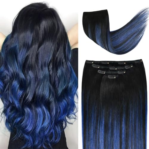 12" Clip in Hair Extensions Remy Human Hair Blue Balayage for Women - Silky Straight 100% Real Human Hair 50grams 4pieces #(1B/Blue) T1B Color