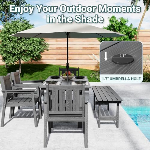 Image of Pamapic Patio Dining Table Set, 6-Piece Outdoor Dining Set for 6, Grey | 1 Rectangular Table, 4 Chairs & 1 Bench, Wood-Grain HDPE, Elegant Armrests, All-Weather Design, Umbrella Hole