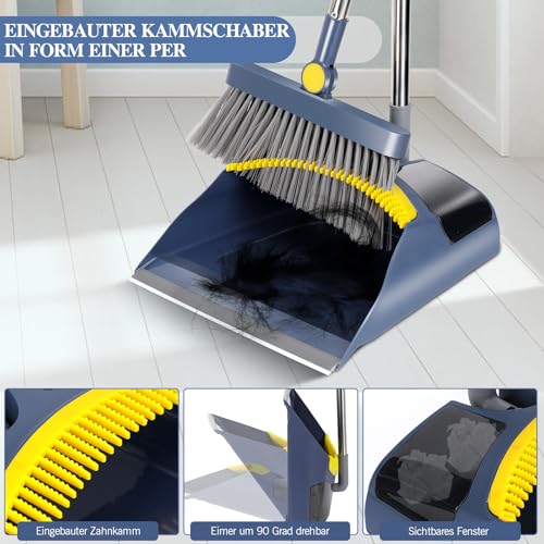 Besen und Kehrschaufel Set,Masthome Besen mit Stiel,Aufrecht Kehrschaufel mit Langem Stiel,Broom and Dustpan Set für Haushaltsreinigung Büro (Blau) – Bild 3
