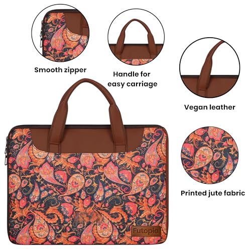 Image of Futopia Stylish Printed Jute Laptop Sleeve Bag 15.6-16 Inch with Handle | Laptop Case Cover | Water Resistant & Shockproof | Padded Interior | Laptop, Notebooks Bag for Office, College & Travel