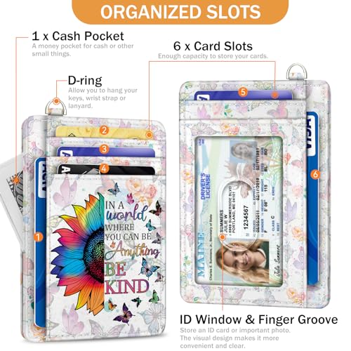 Credit Card Holder Slim Wallet, Be Kind Sunflower RFID Wallet Women Front Pocket Small Card Holder Travel Funny Cute Thin Card Case ID Window PU Leather RFID Blocking Card Organizer Gift