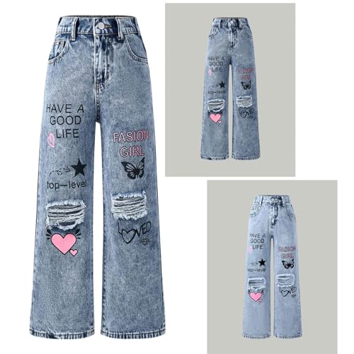 Ripped Jeans for Girls Wide Leg Denim Pants Letter Print Loose Fit Jeans Straight Denim Trousers Streetwear4