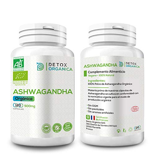 Detox Organica Ashwagandha Capsulas Orgánica 500 Mg 120 Cápsulas | Ashwagandha Orgánica  Hierba De Ayurveda Aswaganda BIO  Suplemento Vegano - Sin OGM