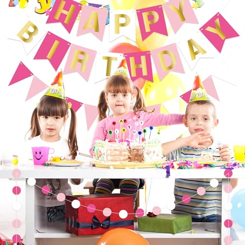 Image of Pink Happy Birthday Banner Pre-strung Happy Birthday Bunting Banner with Golden Letters Rose Pennant Flags Sparkle Birthdays Decor Pink Themed Party Supplies for Women Girls Kids Adults