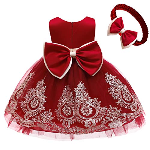 Image of CMMCHAAH 0-6T Baby Girls Pageant Lace Embroidery Dresses Toddler Party Bowknot Tutu Gown Dress with Headwear