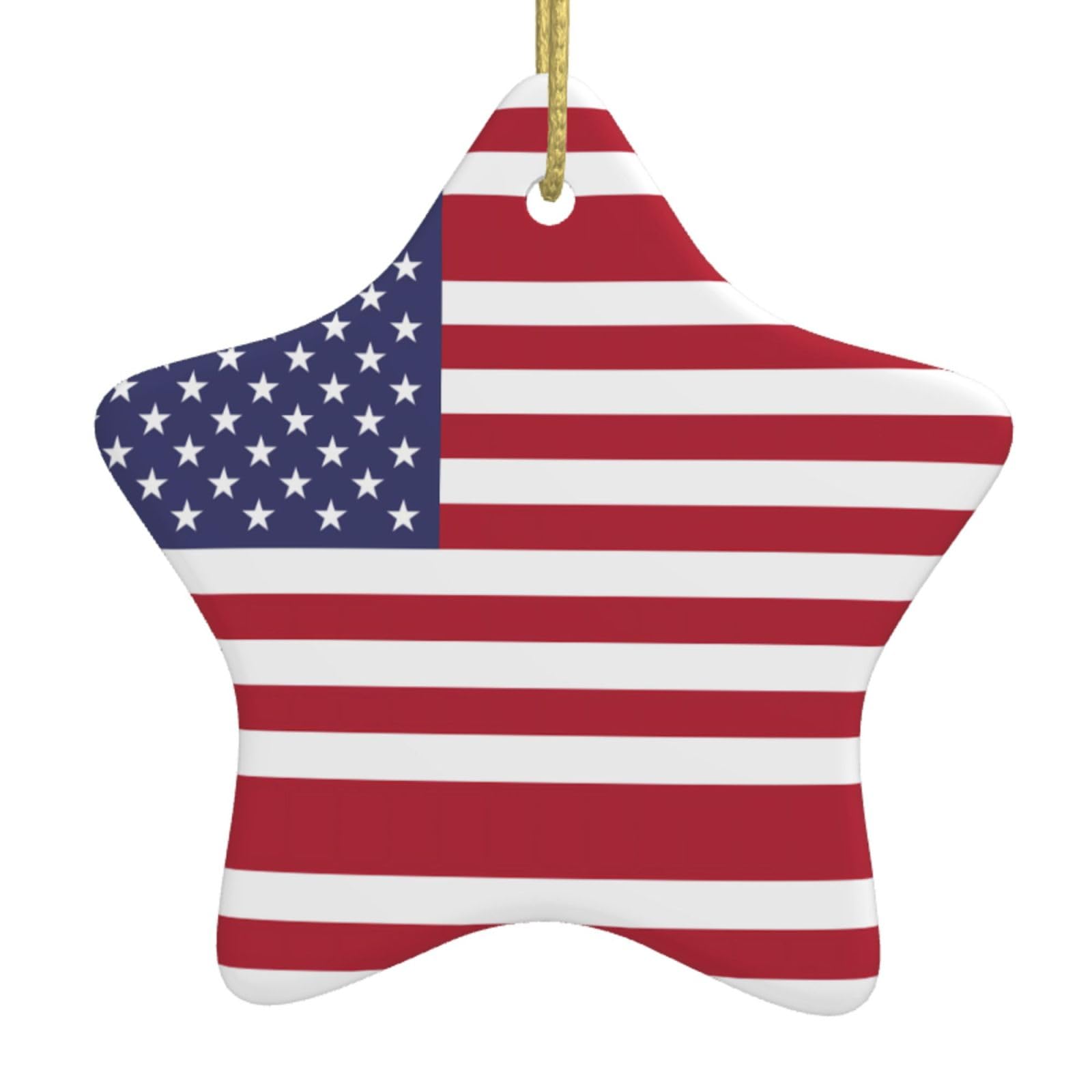 American Flag Christmas Ceramic Star Pendant with Punched Holes and Gold Wire Rope, Christmas Tree Home Decoration