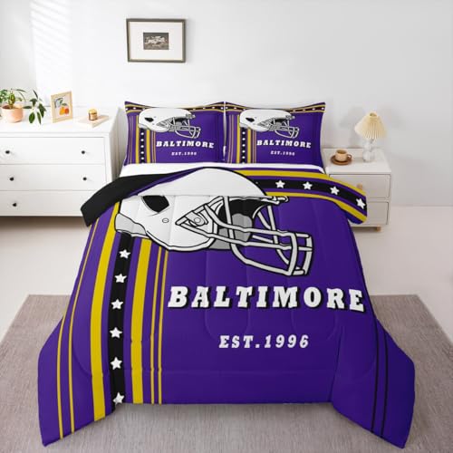 Erosebridal Sports Team Comforter Set, Twin 2Pcs | Purple & Gold Striped Stars Bedding Set, Football City Kids Bedding, Classic Rugby Game Duvet Insert - Inspired by Sports Fans Team Colors
