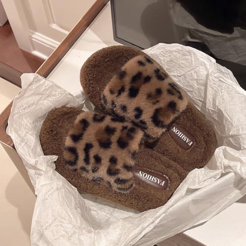 Womens Fuzzy Open-Toe Leopard Pattern Slippers Soft Comfy Memory Foam Indoor House Shoes with Cozy Plush Non-Slip Sole 3cm Thick(40/41 EU, Brown)3