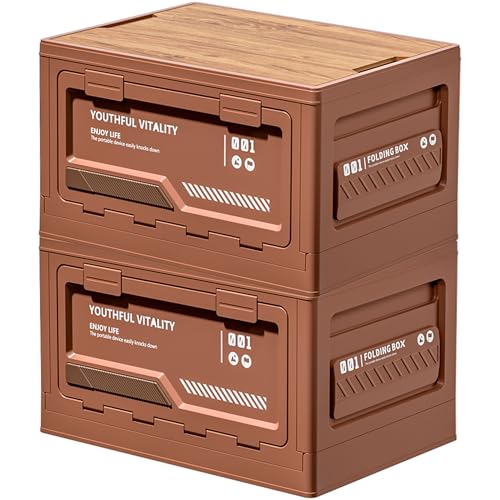 Zilnox コンテナ ボックス 折り畳み キャンプ 折りたたみコンテナ 木製の蓋付き 収納ボックス 大容量 アウトドア 収納ケース 強い耐荷重 収納 組み立て簡単 ブラウン 2個 L 幅50×奥行35×高さ28.5cm