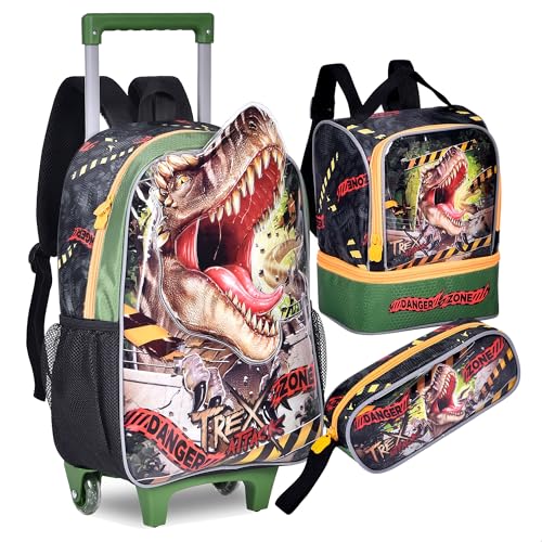 Kit Mochila Infantil com Rodinhas Dinossauro T-Rex, Lancheira T�rmica, Estojo Escolar
