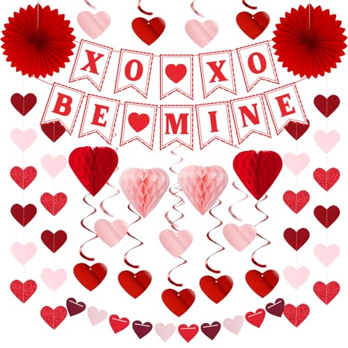 Image of Galentines Party-Decoration Valentines Heart Garland - 25pcs Red Rose-Gold Paper Streamers Honeycomb Fans XOXO BEMINE Banner, Anniversary Baby Shower Wedding Love Hanging Supplies Decor Hugfond