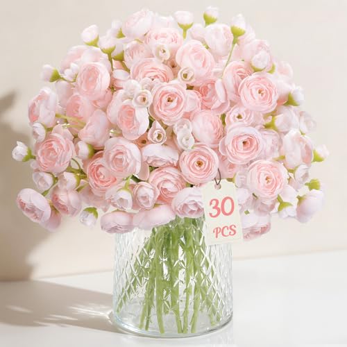 Alupssuc 30Pcs Ranunculus Artificial Flowers Faux Silk Mini Ranunculus, Spring